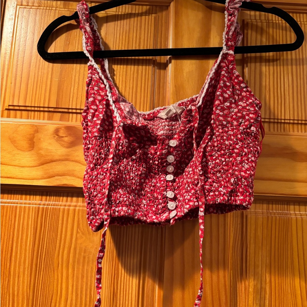 Red Crop Tank Top with Buttoned Tie Front